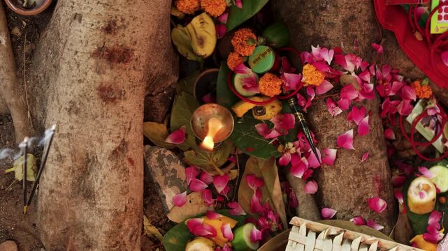 spiritual worship scene with incense smoke and floral offerings beside holy tree