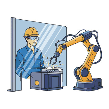 A worker wearing a helmet uses robotic arm for industrial manufacturing process Vector graphic