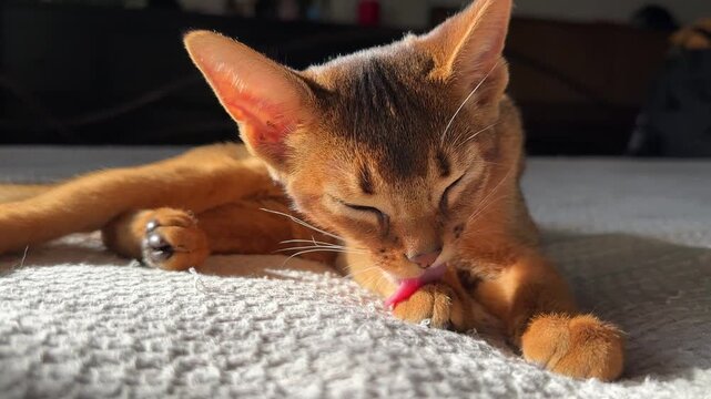 Abyssinian kitten engaging in its daily grooming routine. Domestic comfort, pet care and natural grooming behavior.