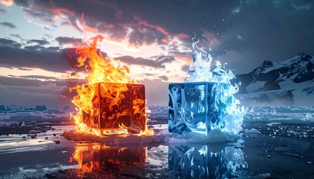 Burning and Frozen Ice Cubes Glowing on Reflective Arctic Landscape at Twilight