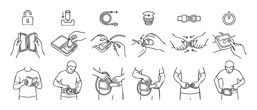 Medical device user guide instructions showing step-by-step setup process of wearable health monitor or insulin pump with line icons, hand gestures, and belt fastening diagrams in minimal black line a