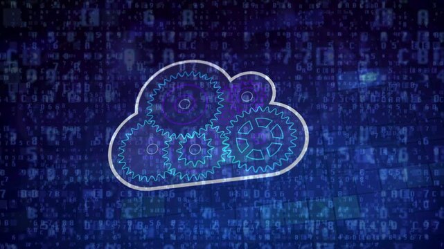 Glow line art cloud containing rotating gears mechanism on dark blue hexadecimal matrix coding background. Represents automated computing processes.
