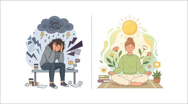 Stress management comparison showing mental health struggle versus mindful meditation.