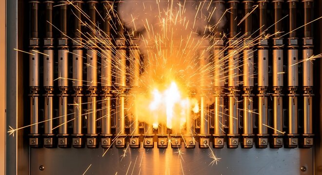 Exploding electrical fuse box with bright sparks and smoke