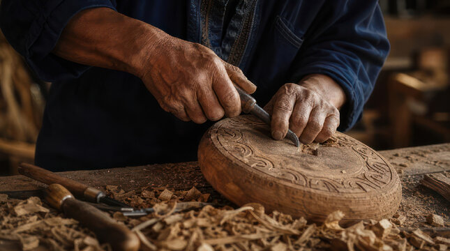 Artisan Hands Skillfully Carving Intricate Designs into Wood Surface 1.