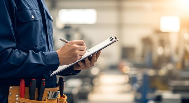 Handyman Working on a Project with a Clipboard in a Workshop