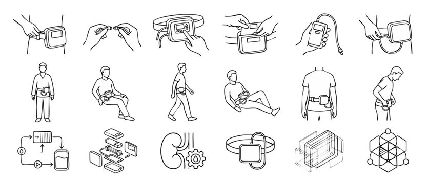 Wearable Artificial Kidney Device Icons showing patient using portable peritoneal dialysis belt system while walking sitting lying down with educational charts for renal care medical infographics.