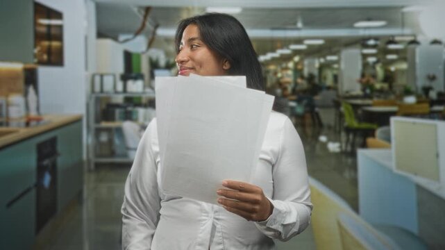 Young hispanic woman holding a stack of papers, speaking with her hand visible, in a modern office building with desks and seating; public speaking confidence.