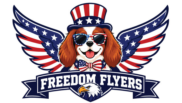 Patriotic cavalier spaniel dog wearing a top hat with wings in this colorful vector graphic illustration