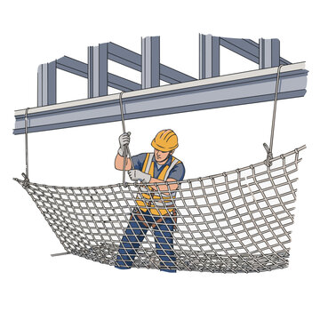 A worker in a hard hat installs a large safety net under a steel beam structure Vector illustration.