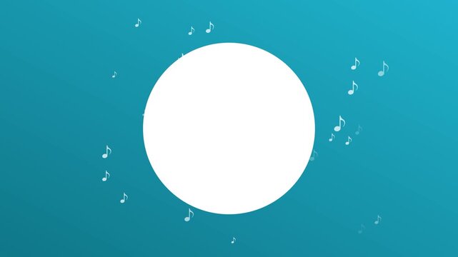 Animated Music Notes Floating Around White Copy Space Circle on Blue Background for lyrics video or music intro