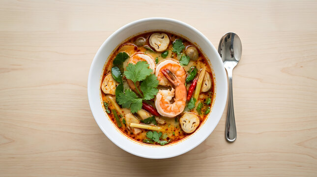 Traditional Thai Tom Yum Goong Soup with Shrimps and Mushrooms in White Bowl
