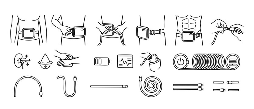Peritoneal dialysis belt icon set illustrating medical wearable device usage instructions, catheter connection steps, kidney care therapy, hygiene prep, and healthcare vector line art illustrations.