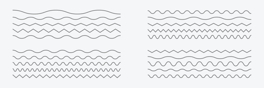 Wave line and wavy zigzag pattern lines. Vector black underlines, smooth end squiggly horizontal curvy squiggles. Wave line and wavy zigzag lines. Black underlines wavy curve zig zag line pattern . 