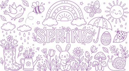 Obraz premium Spring silhouette line art illustration with a bunny, rainbow, and flowers
