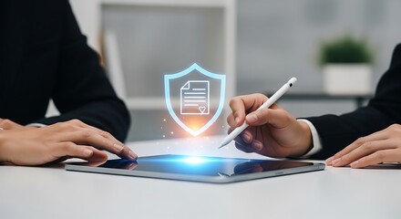 Naklejka premium Hands using tablet with glowing security shield and document symbol