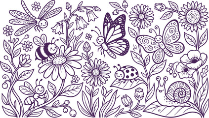 Fototapeta premium Whimsical garden insects and flowers line art silhouette illustration