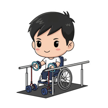 Cute chibi style illustration of a person in a wheelchair using parallel bars and adaptive pulley equipment for physical therapy and rehabilitation exercises on white background.