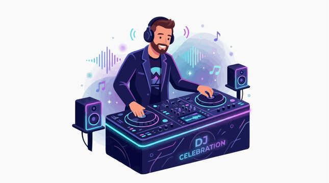 DJ in the Mix: A bearded DJ, wearing headphones, enthusiastically spins tunes at a vibrant DJ booth, surrounded by neon lights and musical graphics.