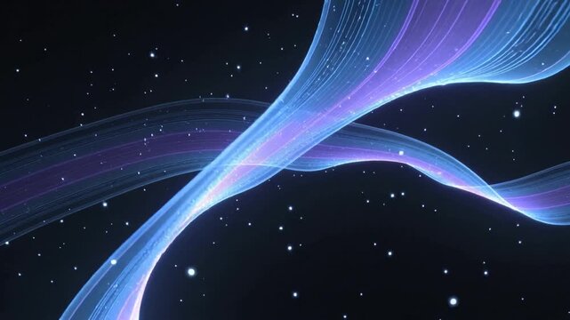 A mesmerizing animation of translucent, flowing blue and purple light ribbons weaving gracefully across a deep space background