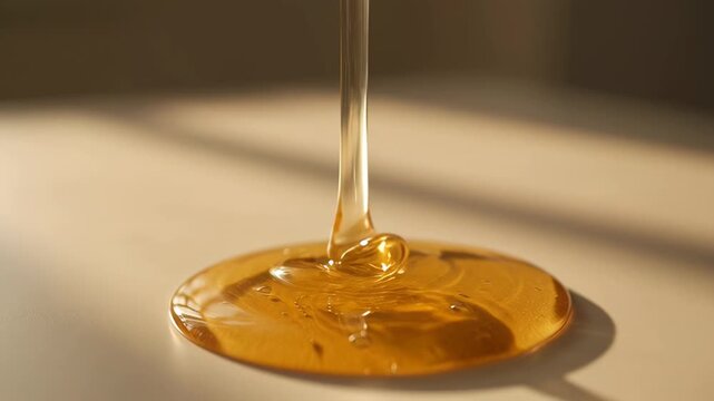 Golden shilajit honey slowly pouring and spreading across a smooth surface. Natural health supplement concept.