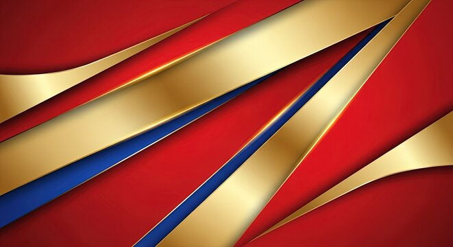 Vibrant red background with gold and blue metallic ribbons crossing over each other in abstract composition