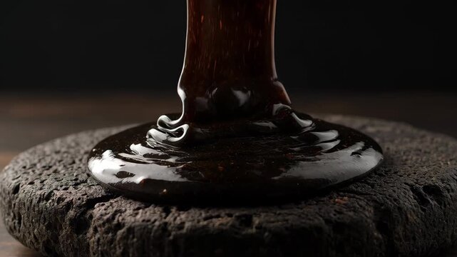 Viscous shilajit honey flowing and spreading across a dark textured surface. Natural wellness and traditional medicine concept.