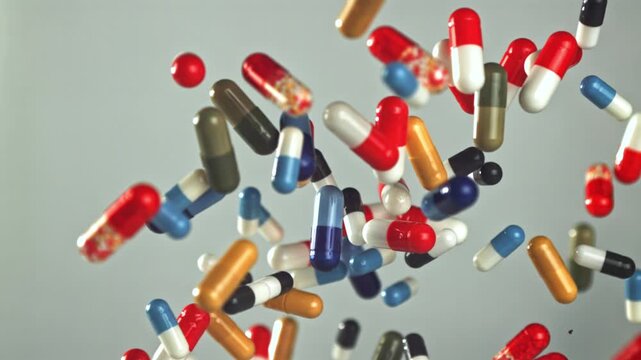 Single red capsule in foreground with scattered colorful supplements Filmed on a high-speed camera at 1000 fps.