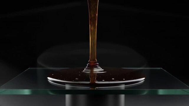 Viscous shilajit honey substance pouring and spreading on a clear glass surface. Dark background emphasizes the rich texture.