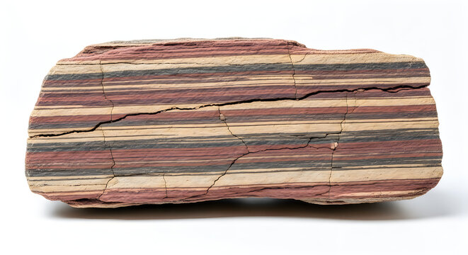 Banded iron formation stone specimen with distinct sedimentary layers isolated on white background sedimentary formation