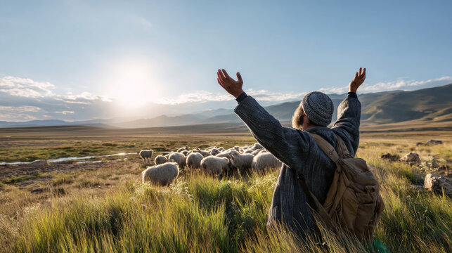 Sheep herder grassland sunrise mountain backpack outdoor joyful man in open field