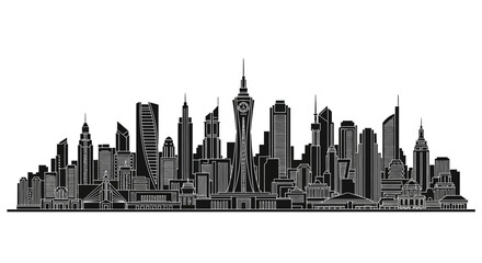 Fototapeta premium Modern City Skyline Silhouette with Skyscrapers on White Background