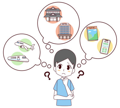 旅行の計画に悩む男性のイメージイラスト