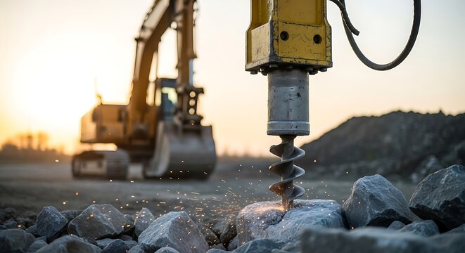 Heavy machinery hydraulic breaker drilling into rocks at sunset