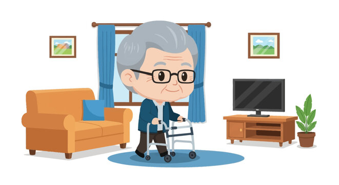Cute chibi senior man with gray hair and glasses using a mobility walker inside a living room home interior with a sofa, television, indoor plant, and window with curtains.