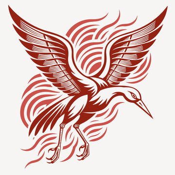 Dynamic abstract red crane bird vector illustration with ornate details
