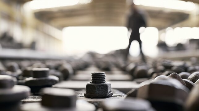 Close view of bolts and nuts with a person walking in the background at a construction site in the daytime