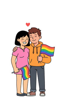 Happy young couple holding rainbow pride flags isolated on transparent background