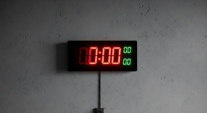 Digital clock displaying zero time, mounted on a gray wall, showing time.