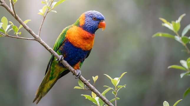 Rainbow lorikeet parrot perched on a branch in natural sunlight with lorikeet wildlife feathers