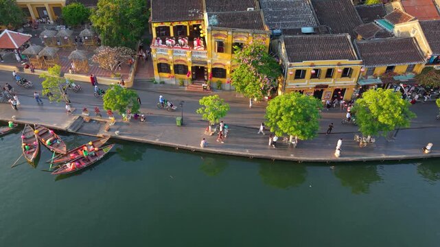 Aerial panoramic view of Hoi An city, Da Nang province, Vietnam. Panoramic footage of Hoian ancient town, UNESCO world heritage. One of the most travel popular touristic destinations 
