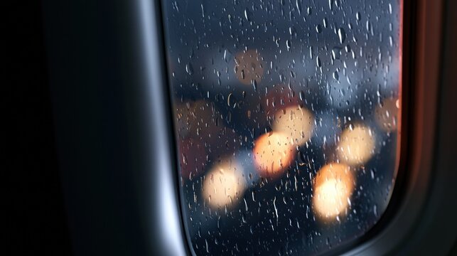 Rain on airplane window at night with city lights shining in the background during flight