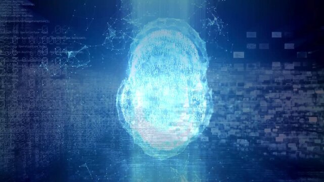 Digital blue cloud computing icon with binary code numbers animation loop on matrix bokeh background. Conceptual loop for big data and storage.