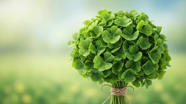 Clover bouquet tied with rustic twine. Decorative bunch of shamrock leaves for St. Patrick Day. Symbol of luck, nature celebration and botanical decor element.