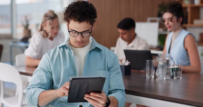 Meeting, reading or man with tablet in media agency, planning editorial calendar or publication admin. Digital magazine, typing proposal or manager with budget for production, tech or review agenda