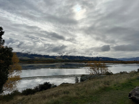 Dramatic Overcast Sky Over Lake Dunstan in Bendigo New Zealand