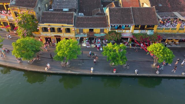 Aerial panoramic view of Hoi An city, Da Nang province, Vietnam. Panoramic footage of Hoian ancient town, UNESCO world heritage. One of the most travel popular touristic destinations 