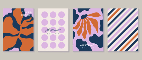 Obraz premium Abstract tropical cover vector set. Modern botanical posters with bold leaf silhouettes, dot pattern, diagonal stripes and minimalist layout.