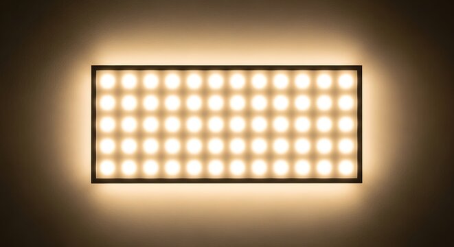 Rectangular LED light panel glowing with warm white illumination.