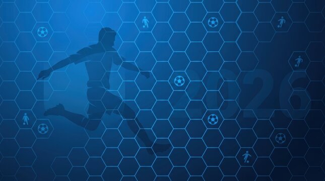 Soccer 2026 background with player silhouette and hexagonal pattern